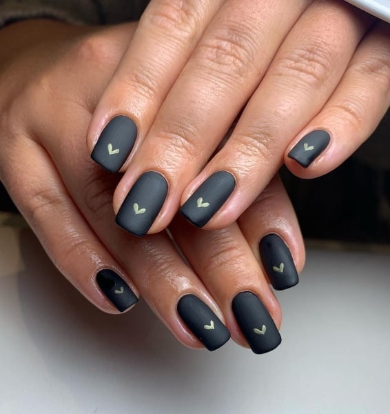 Short Square Matte Black with Gold Hearts Short Square Matte Black with Gold Hearts — Black Nails