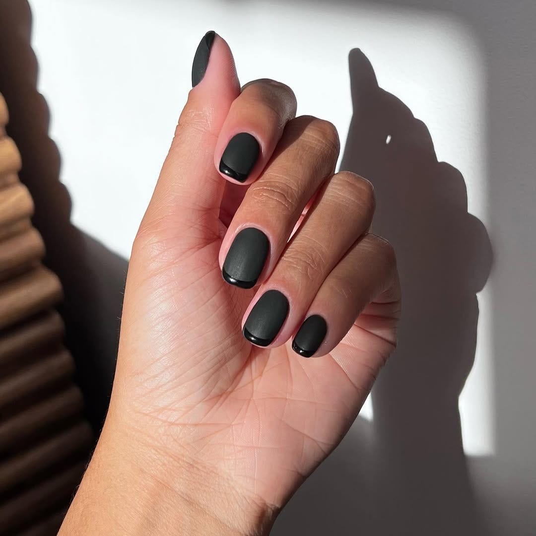 Short Square Matte Black Micro French Tip Nails Short Square Matte Black Micro French Tip Nails — Black Nails