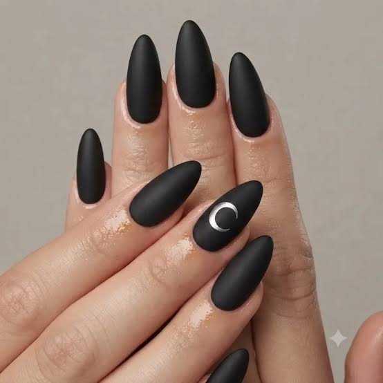 Medium Almond Matte Black with Silver Crescent Medium Almond Matte Black with Silver Crescent — Black Nails
