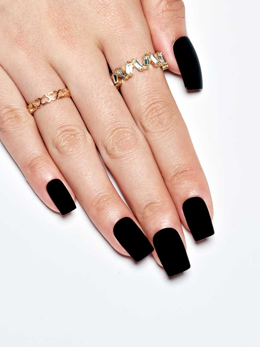 Medium Square Velvety Matte Black Nails, Close-Up Take Medium Square Velvety Matte Black Nails, Close-Up Take