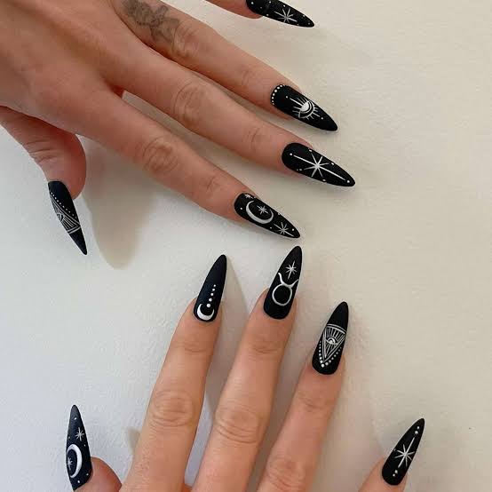 Long Stiletto Matte Black with White Astrology Art Long Stiletto Matte Black with White Astrology Art — Black Nails