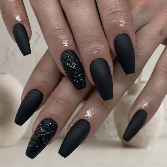 Long Coffin Matte Black with Raised Web Art Long Coffin Matte Black with Raised Web Art — Black Nails