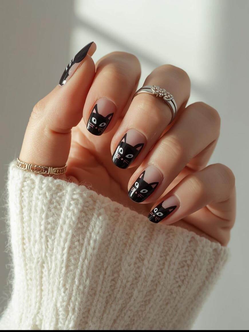 Short Square Nude Base Black Cat Face Nails Short Square Nude Base Black Cat Face Nails — Black Nails