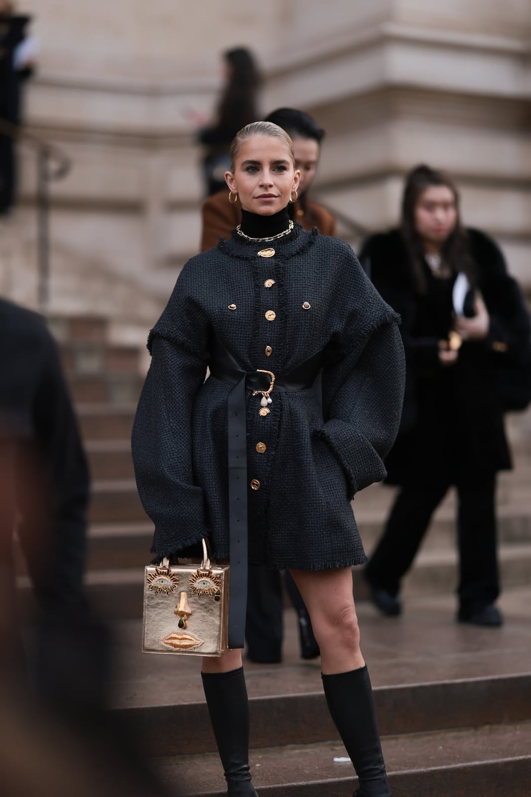 Textured black coat dress with gold accents Textured black coat dress with gold accents — Black Outfits