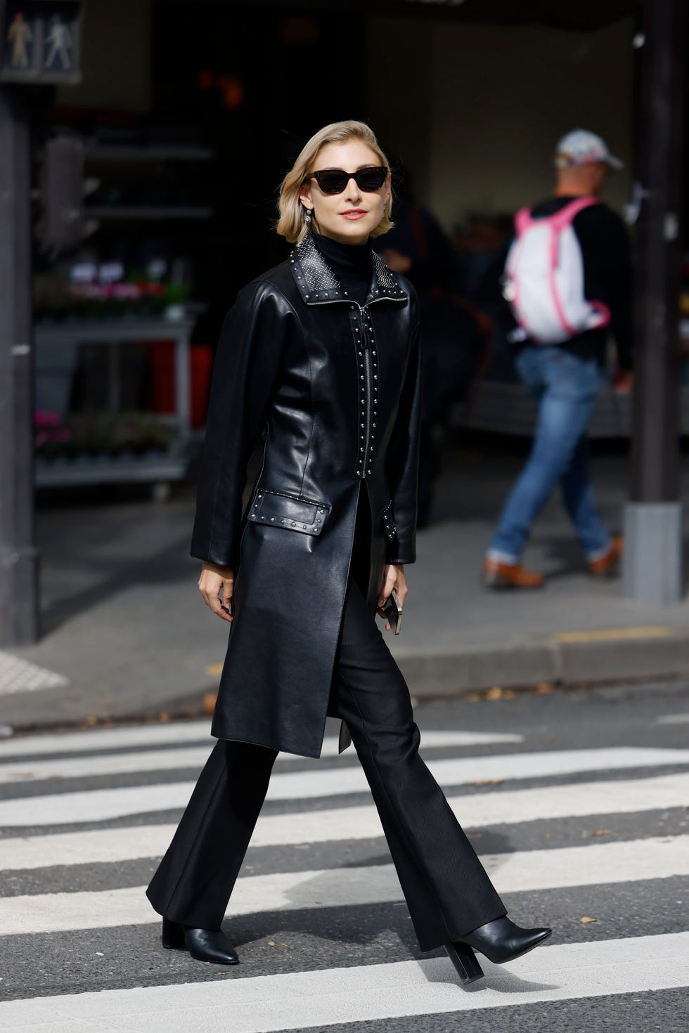 Studded black leather coat with flared trousers Studded black leather coat with flared trousers — Black Outfits