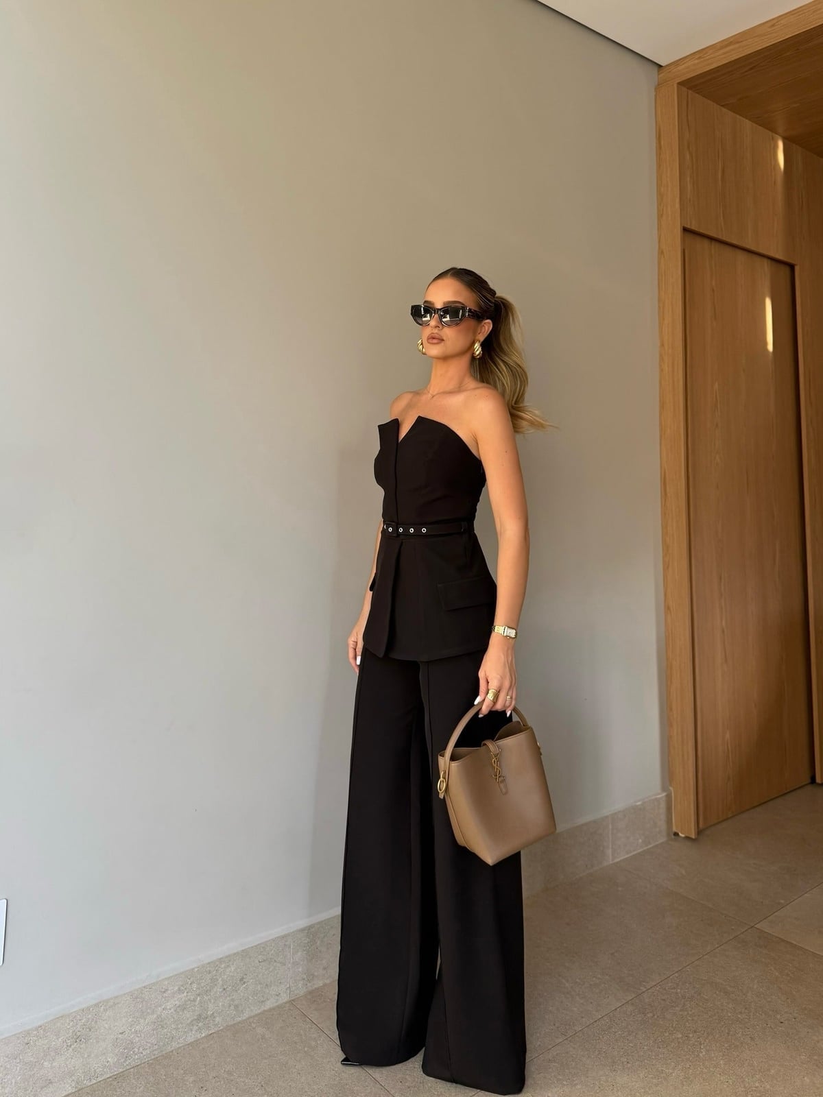 Strapless tailored top with wide-leg trousers Strapless tailored top with wide-leg trousers — Black Outfits