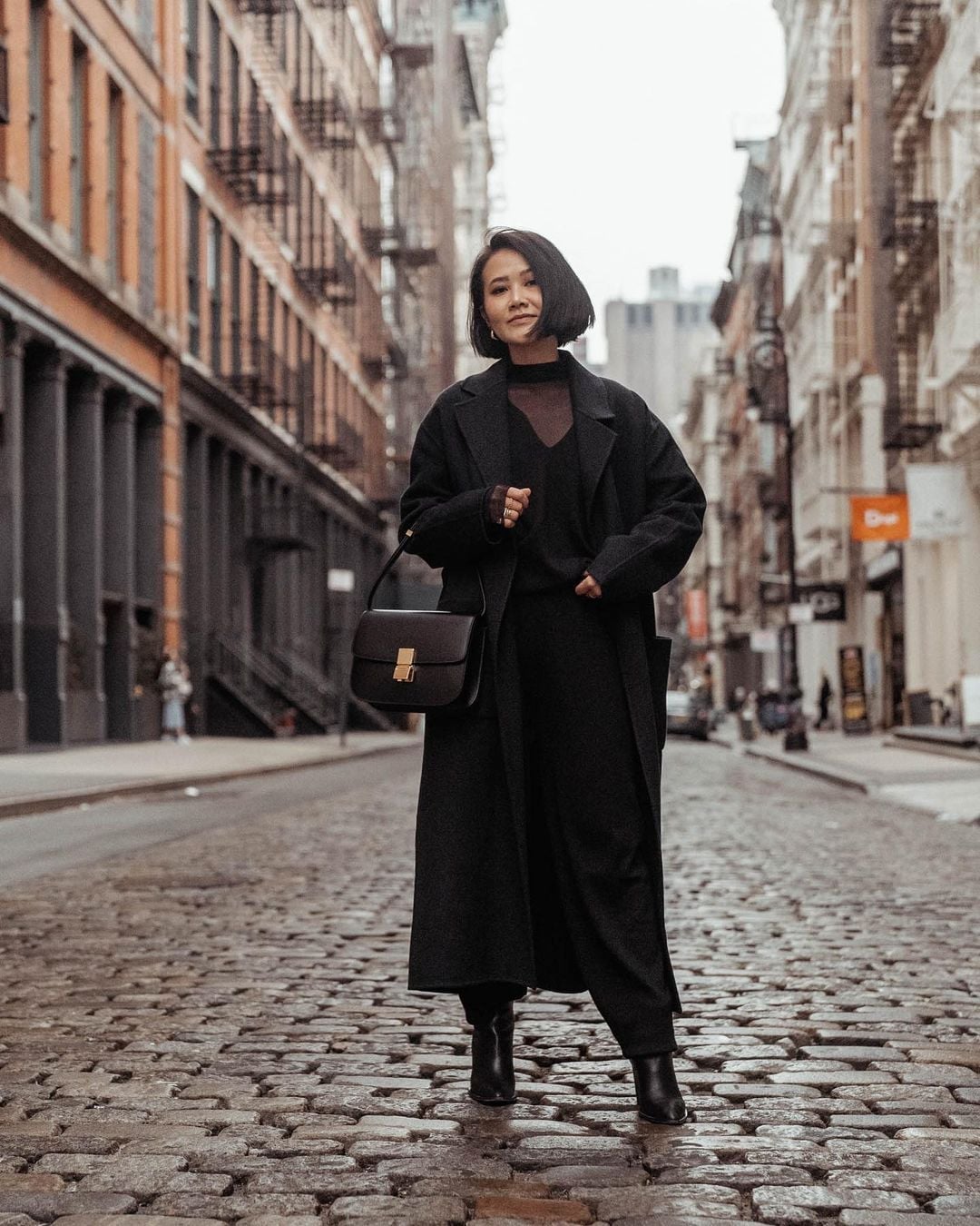 Longline wool coat over sheer knit top Longline wool coat over sheer knit top — Black Outfits