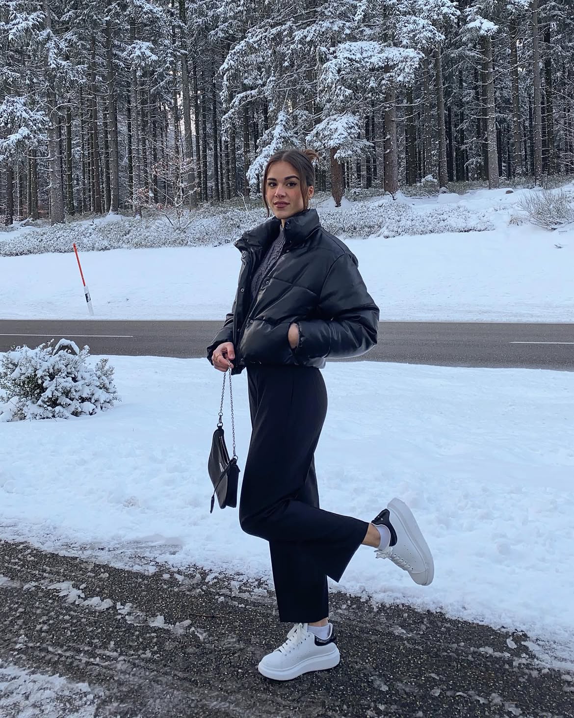 Black Puffer And Wide Leg Trousers Winter Look