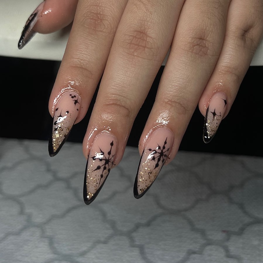 Black Snowflake Glitter Almond French Tips