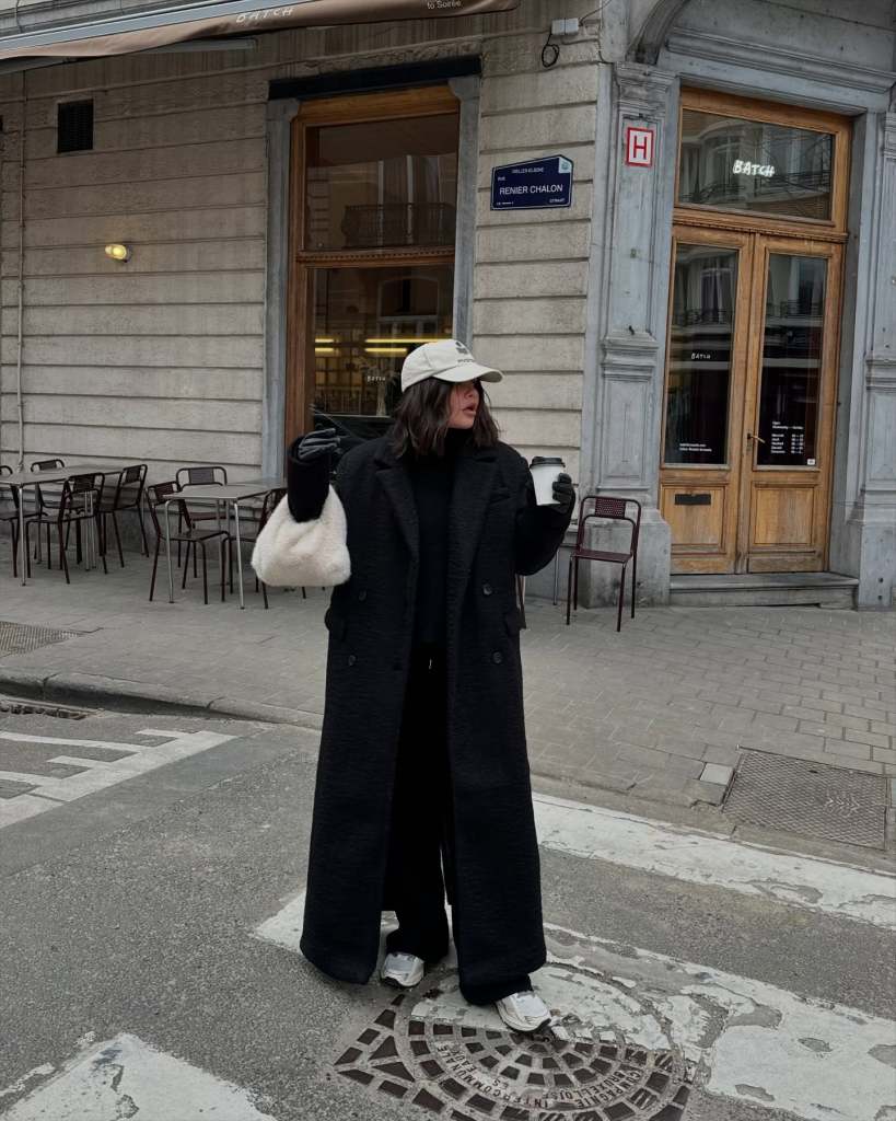 Long Textured Coat Over Wide Leg Trousers — Black Sweatpants Outfit