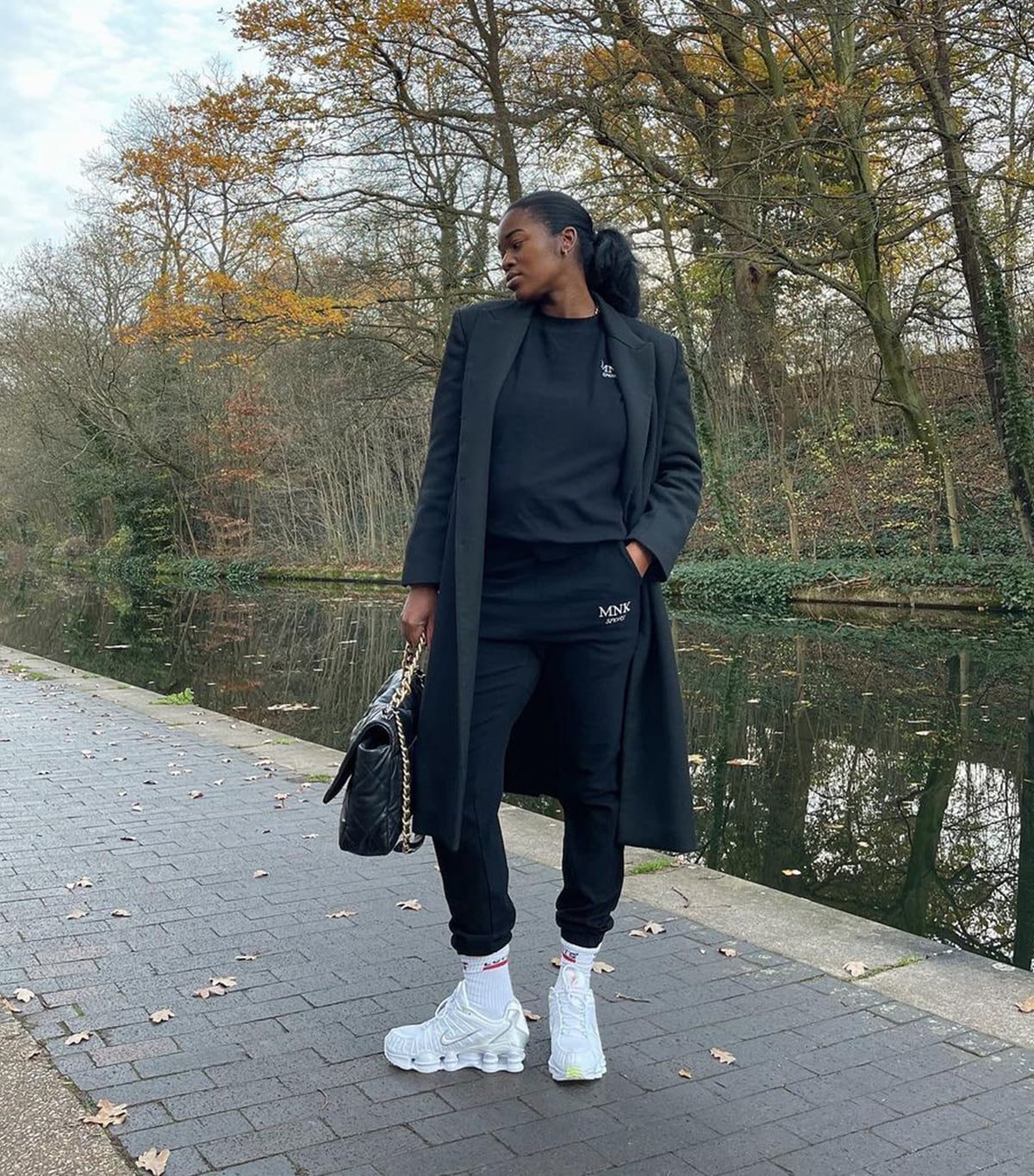Trench Coat Over Monochrome Sweatpants Set — Black Sweatpants Outfit
