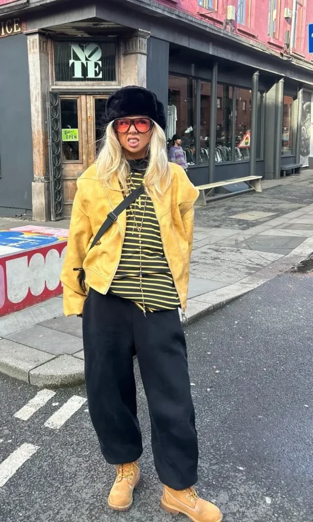 Streetwear With Yellow Suede Jacket — Black Sweatpants Outfit