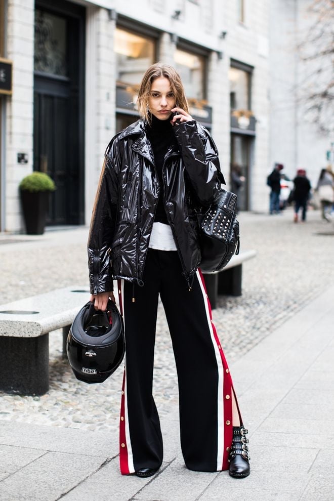 Shiny Puffer Jacket With Striped Sweatpants — Black Sweatpants Outfit