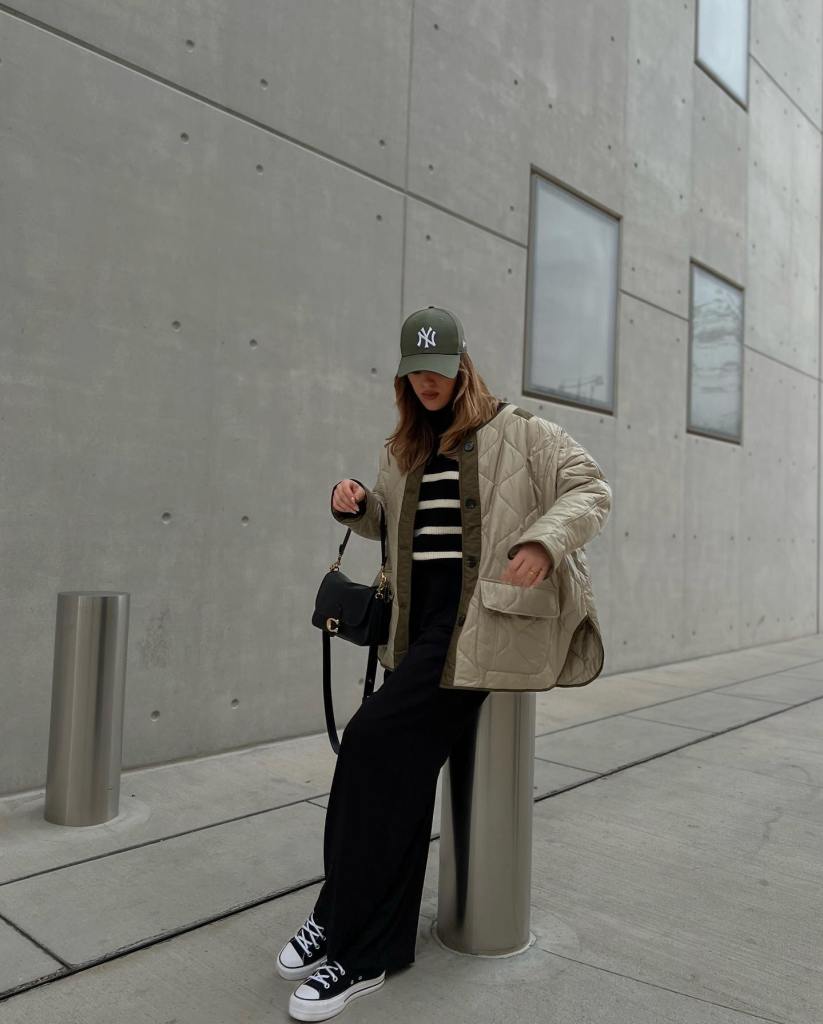Quilted Jacket Over Striped Sweater And Sweatpants — Black Sweatpants Outfit