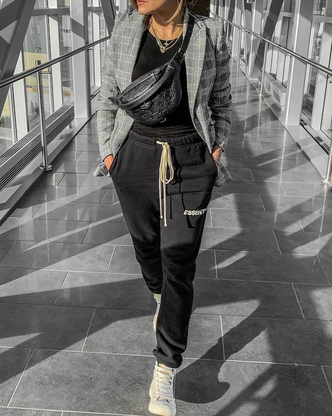 Plaid Blazer Over Sweatpants And T-Shirt — Black Sweatpants Outfit