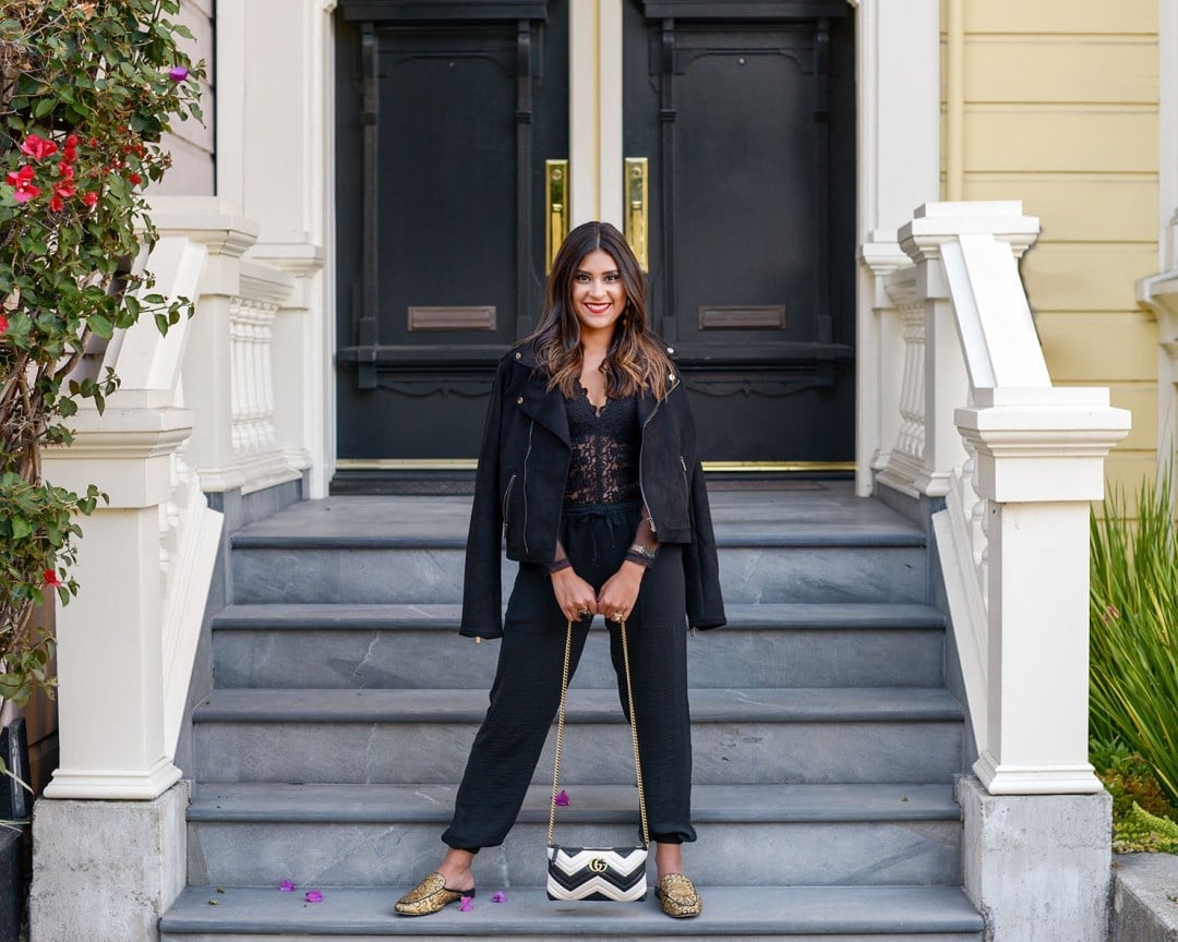 Crinkled Sweatpants With Lace Bodysuit And Mules — Black Sweatpants Outfit