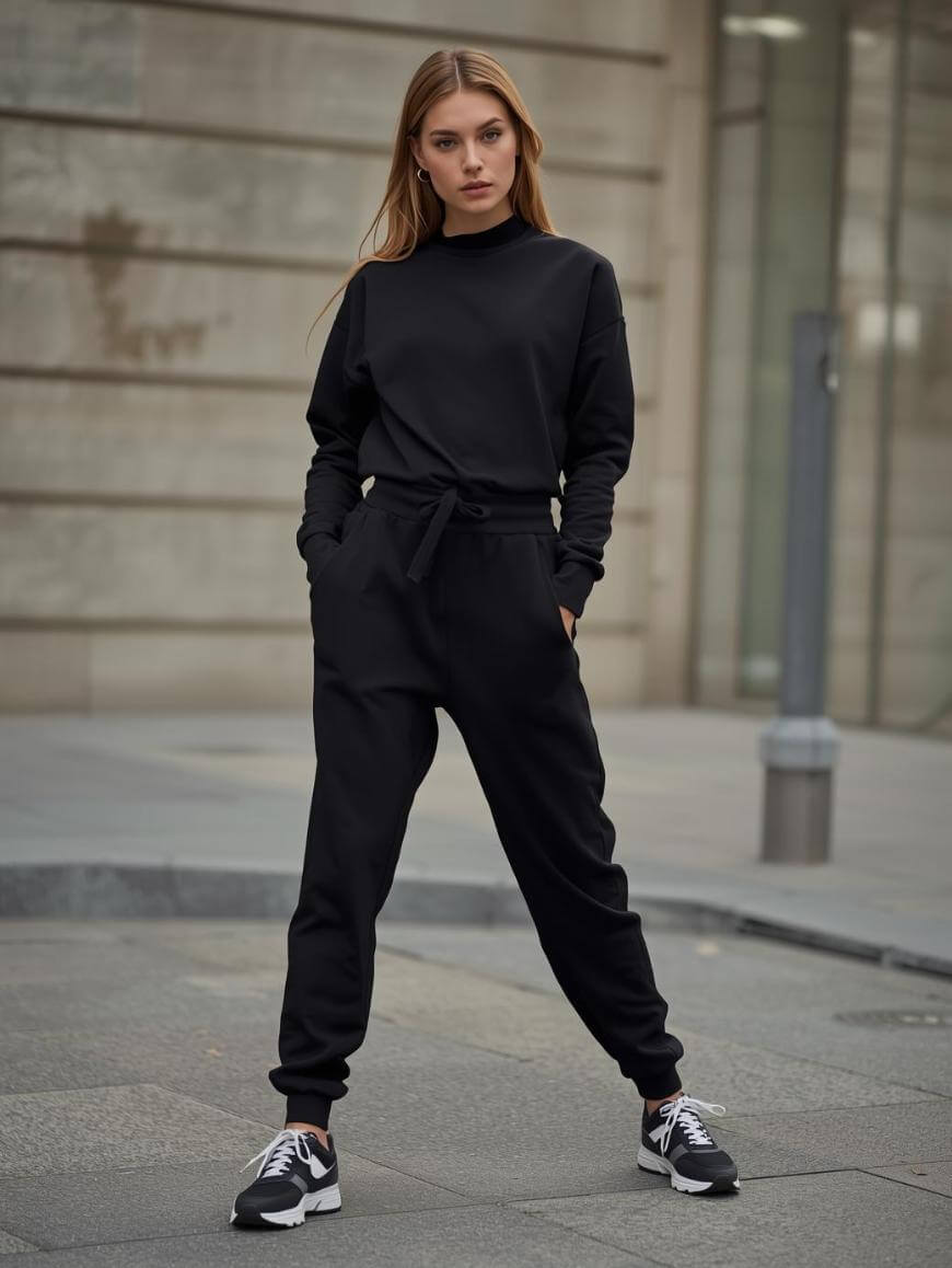Casual Mock Neck Sweatpants Look — Black Sweatpants Outfit