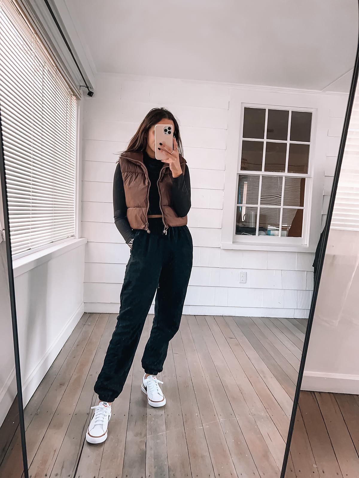 Puffer Vest Over Turtleneck With Sweatpants — Black Sweatpants Outfit