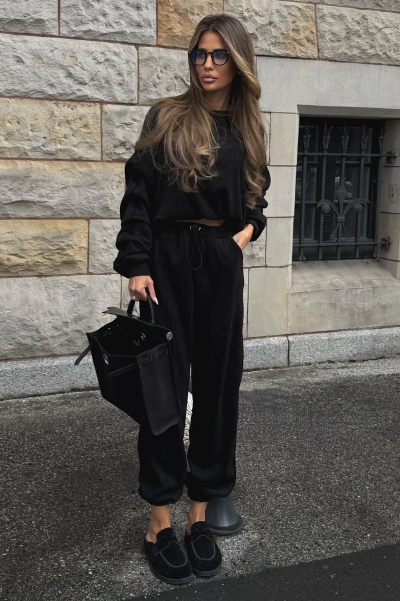 Ribbed Knit Set For Elevated Loungewear — Black Sweatpants Outfit