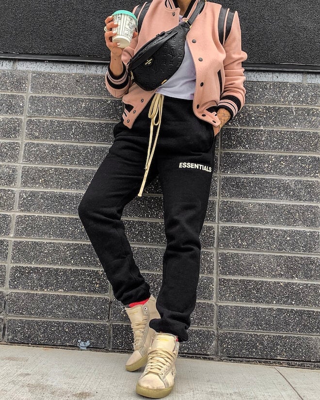 Striped Bomber Jacket Over Sweatpants — Black Sweatpants Outfit