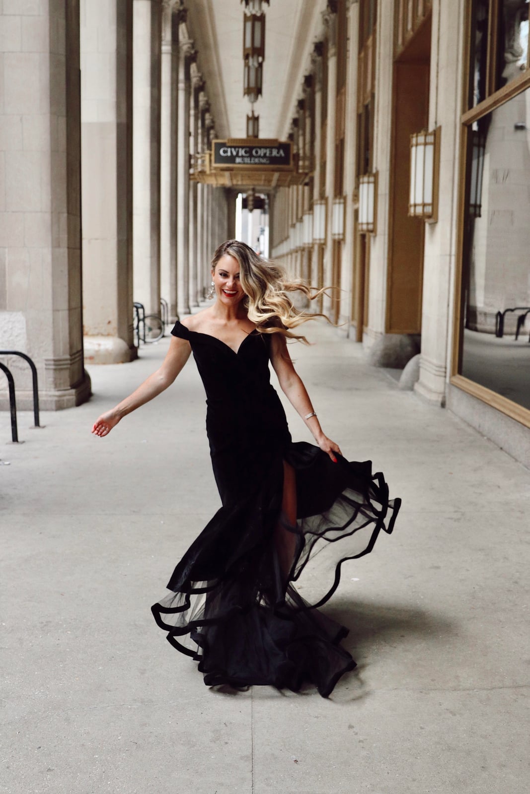 Black Off-The-Shoulder Gown with Tiered Tulle Skirt — Black Tie Dresses