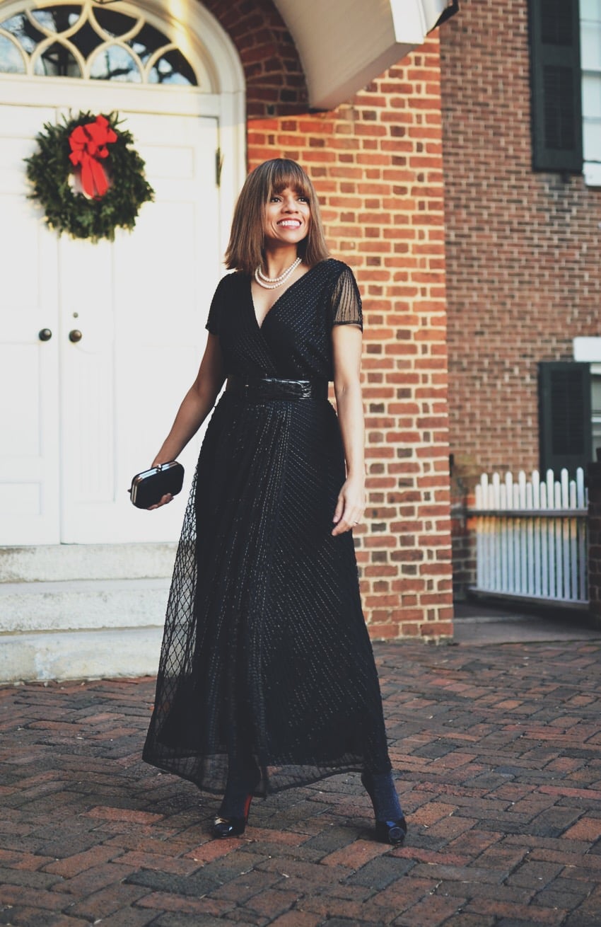 Black Beaded Maxi Dress with Sheer Sleeves and Leather Belt — Black Tie Dresses