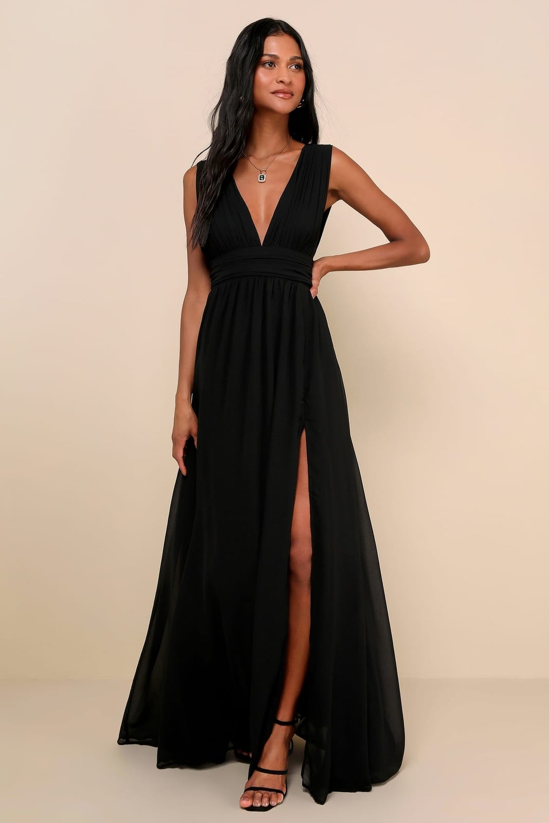 Black Chiffon Maxi Dress with Ruched Waist and High, Close-Up Take — Black Tie Dresses