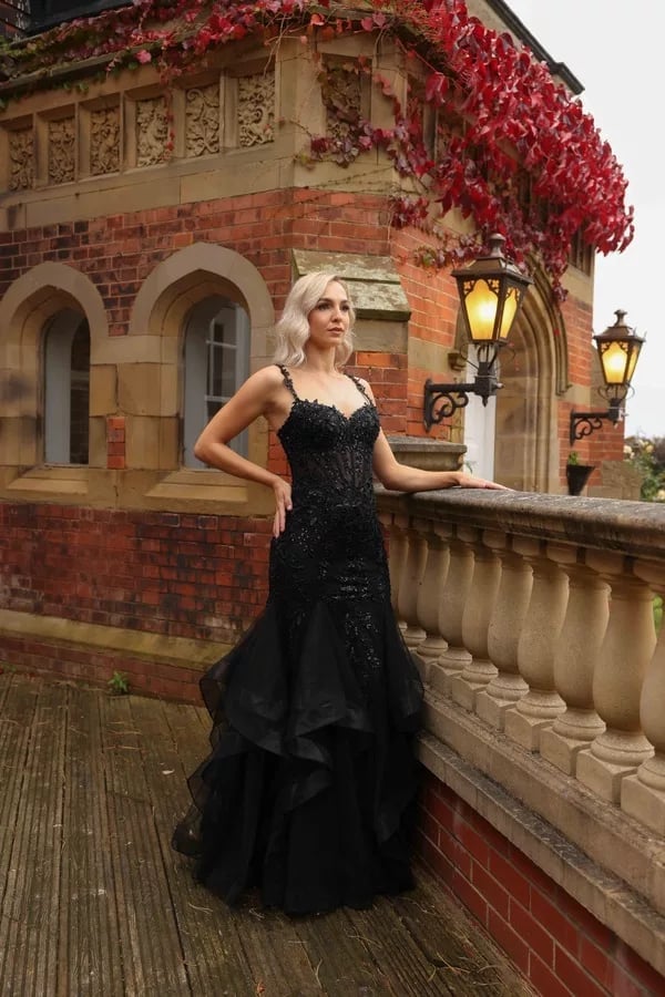 Black Lace and Tulle Mermaid Gown with Ruffled Skirt — Black Tie Dresses