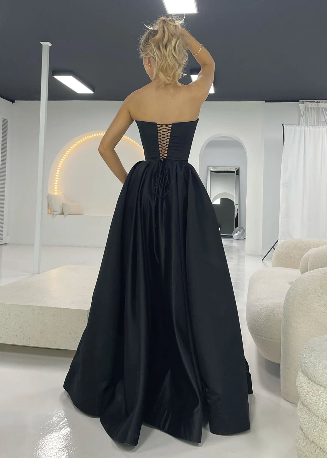 Black Satin Ballgown with Lace-Up Back Detail — Black Tie Dresses
