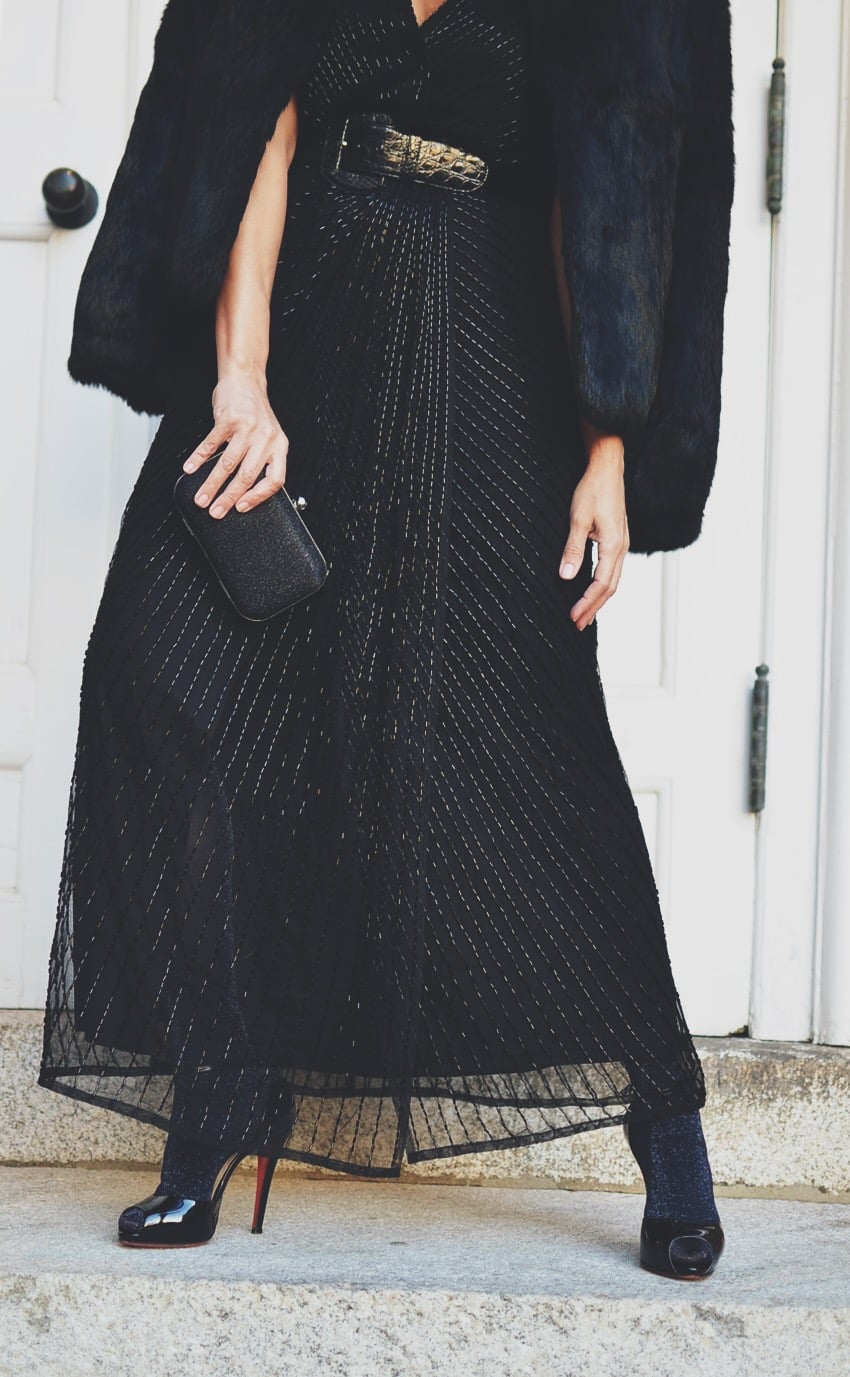 Black Beaded Dress with Sheer Overlay Skirt and Leather Belt, Clutch — Black Tie Dresses