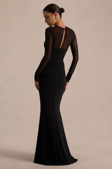 Black Fitted Long Sleeve Dress with Ruching and Mesh Sleeves — Black Tie Dresses