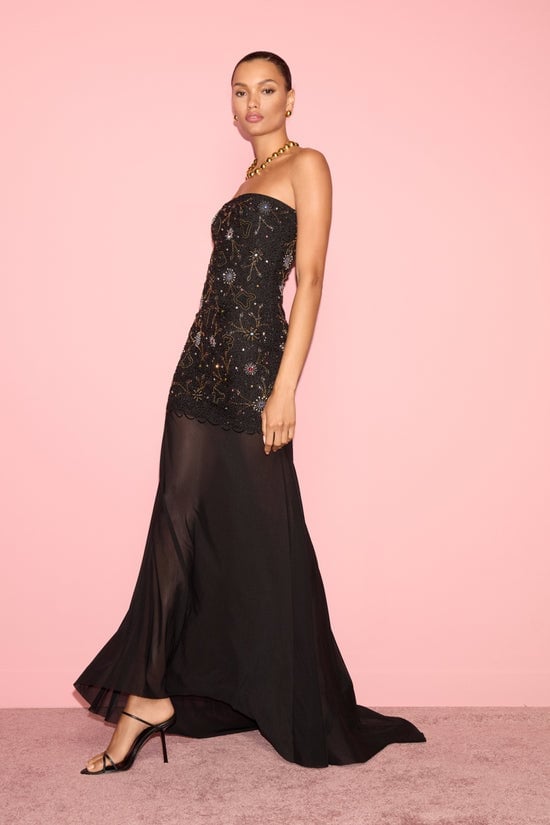 Strapless Black Dress with Beaded Bodice and Sheer Overlay — Black Tie Dresses