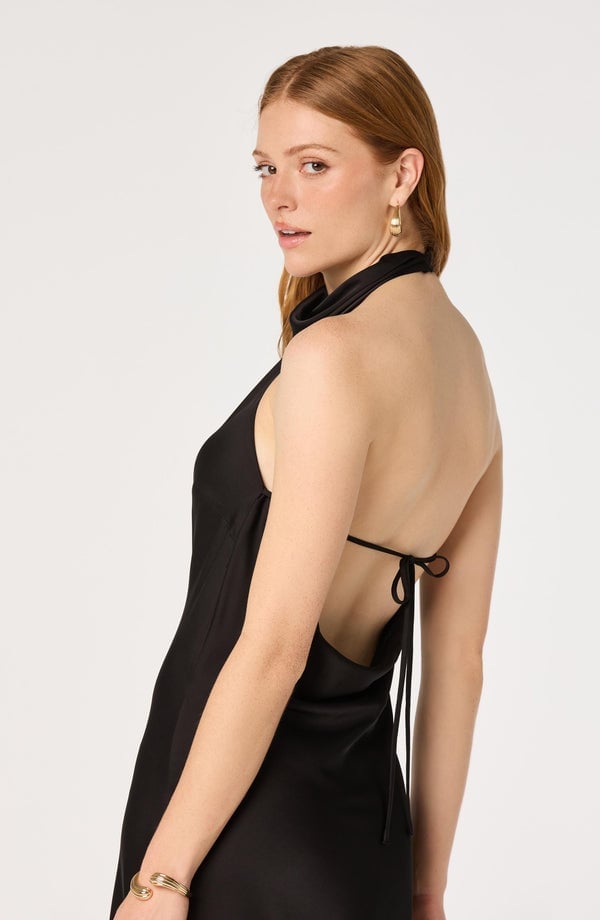 Black Satin Halter Neck Dress with Open Back — Black Tie Dresses