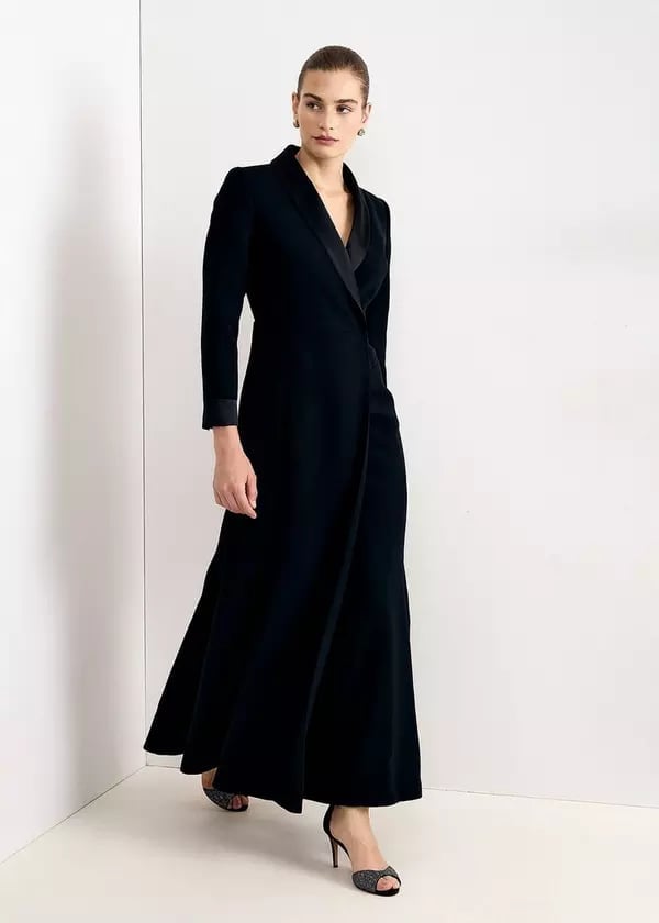 Long Black Velvet Tuxedo Dress with Satin Lapel — Black Tie Dresses