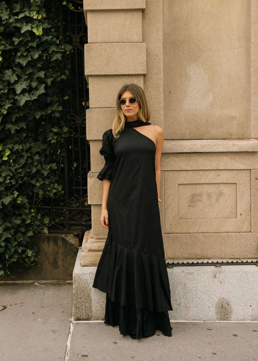 Black One-Shoulder Dress with Tiered Ruffle Skirt — Black Tie Dresses