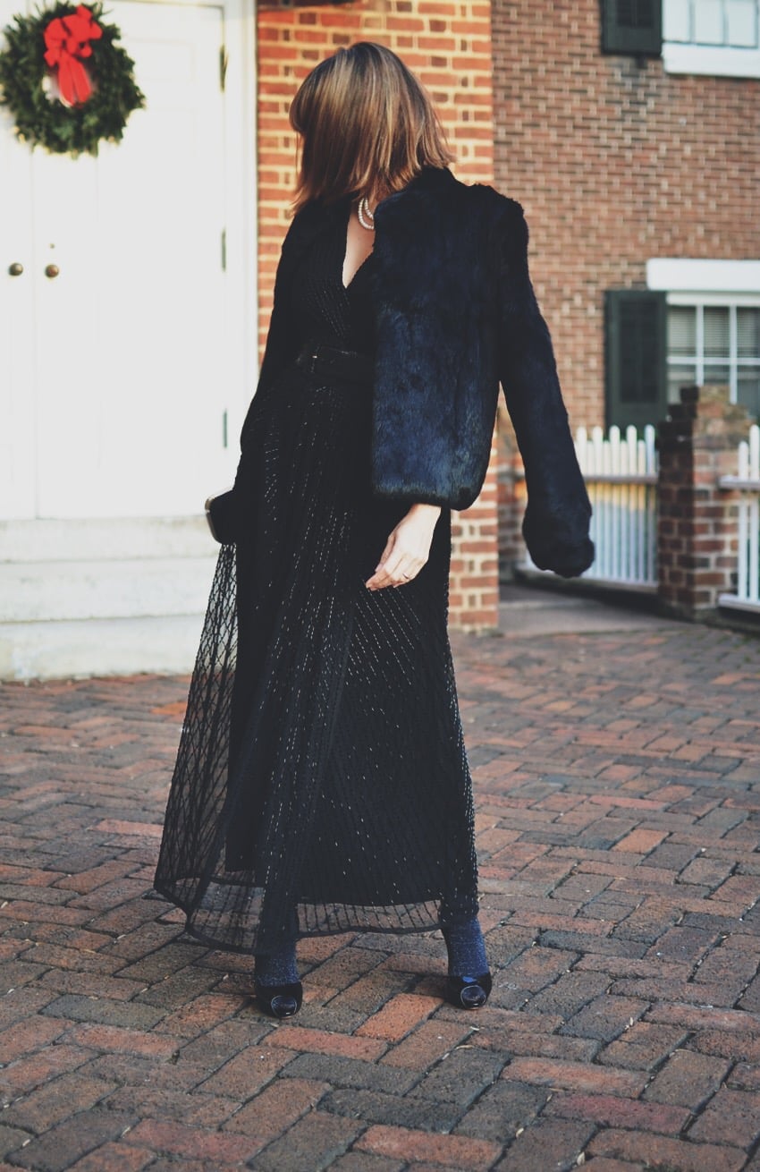 Black Beaded Maxi Dress with Faux Fur Jacket — Black Tie Dresses