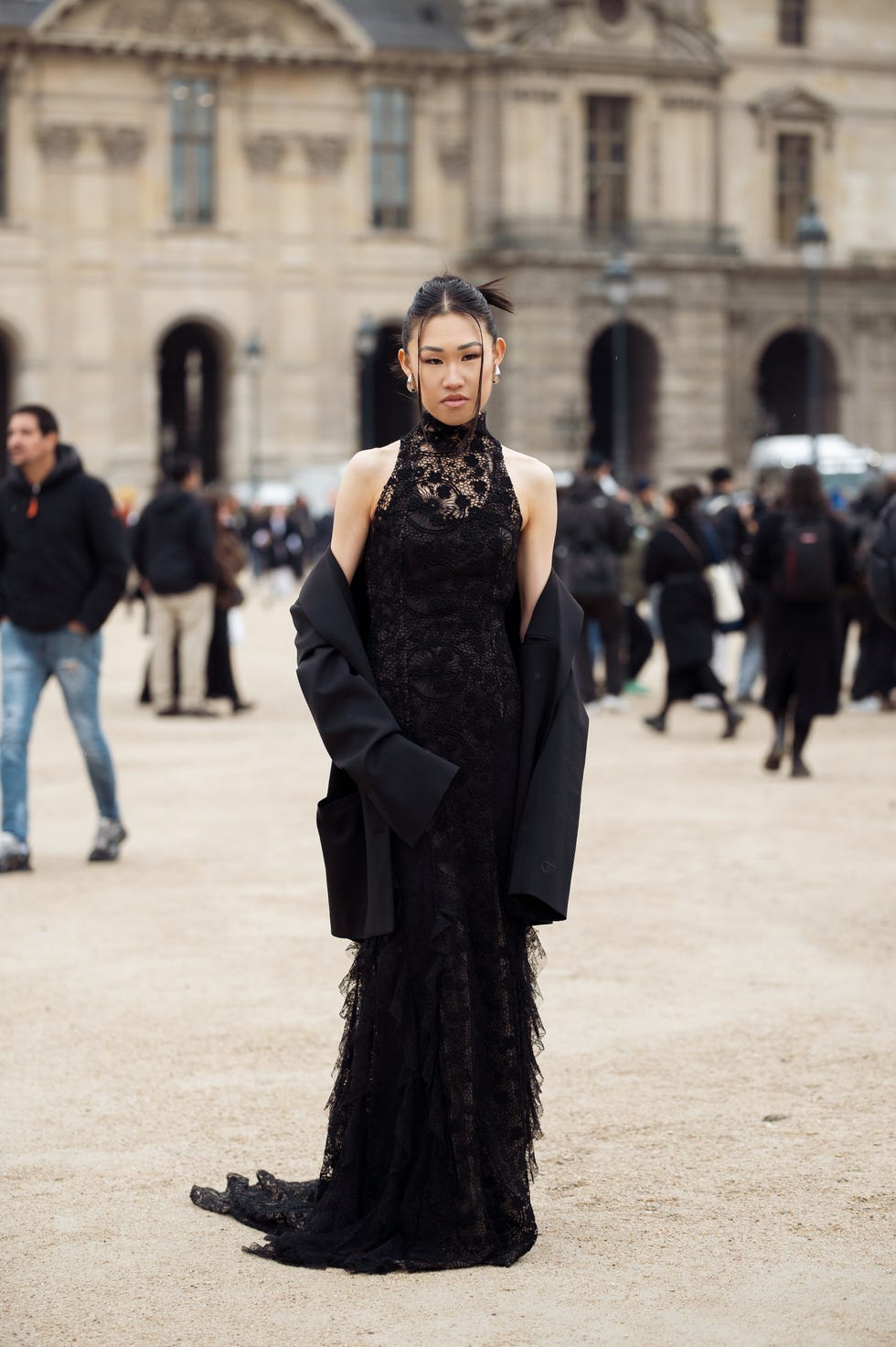 Black Lace Halter Neck Dress with Layered Hem — Black Tie Dresses