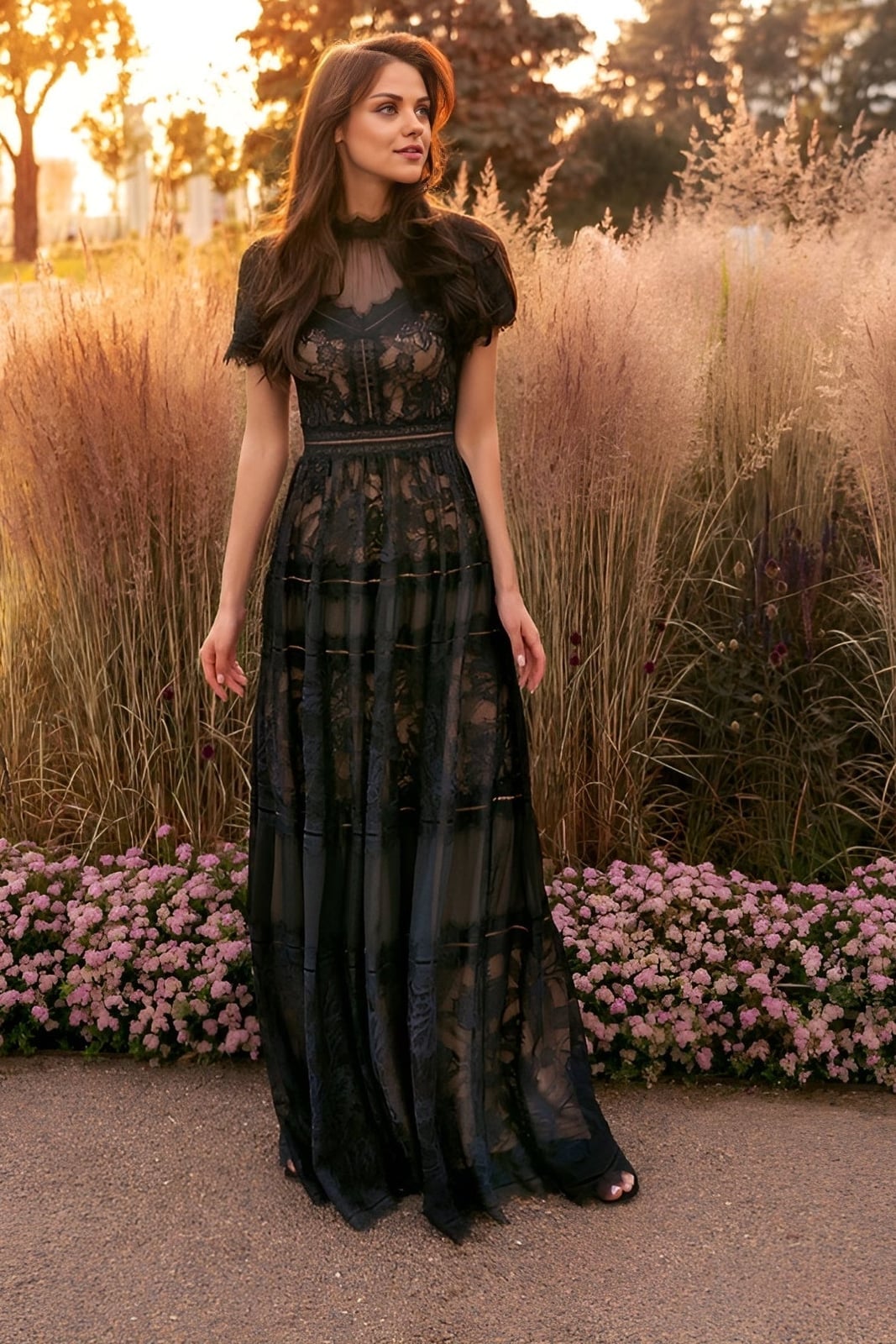 Black Lace Maxi Dress with Sheer Sleeves and Tiered Skirt — Black Tie Dresses