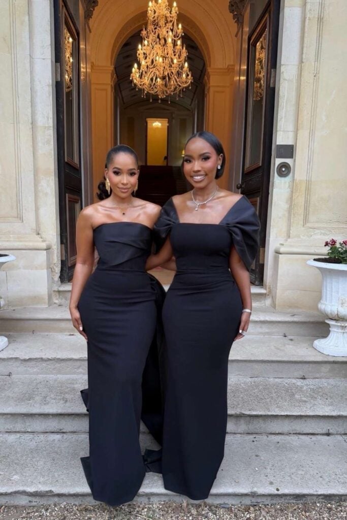 Strapless and Puff Sleeve Column Gowns, Close-Up Take — Black Tie Outfits