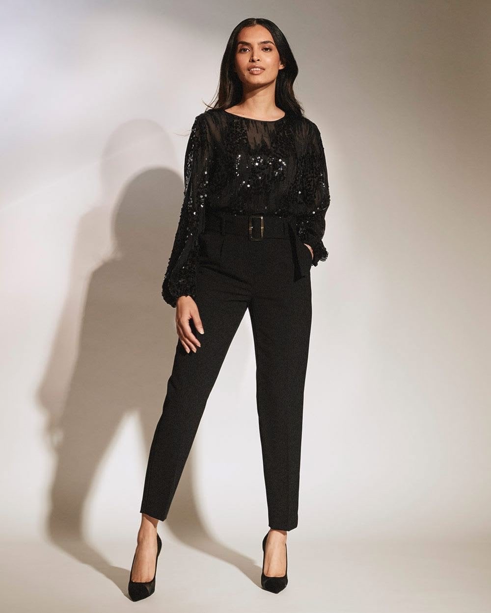 Sequined Top with Tapered Trousers — Black Tie Outfits