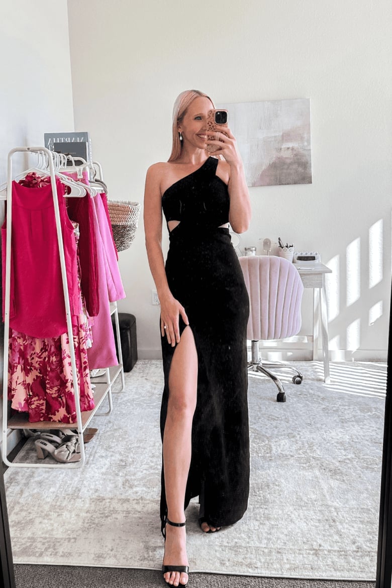 Velvet One-Shoulder Gown with Cut-Out — Black Tie Outfits