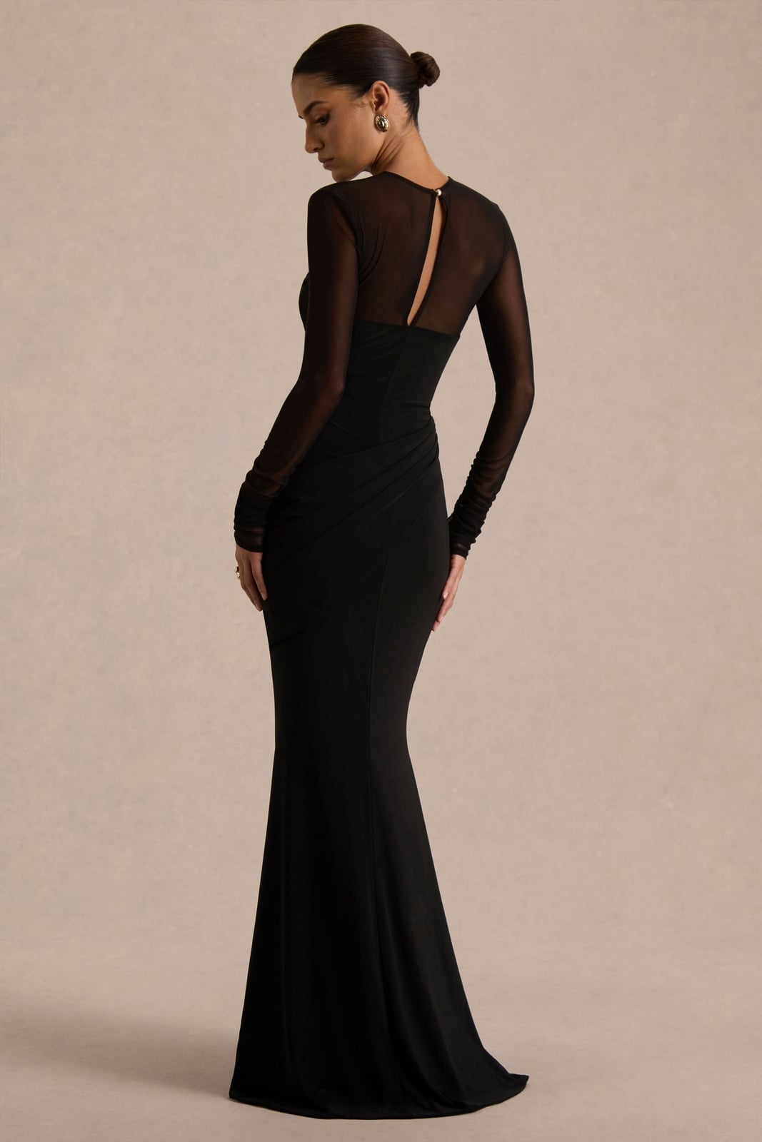 Fitted Gown with Sheer Sleeves and Neckline — Black Tie Outfits