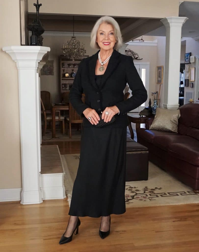 Textured Black Skirt Suit with Pearls — Black Tie Outfits