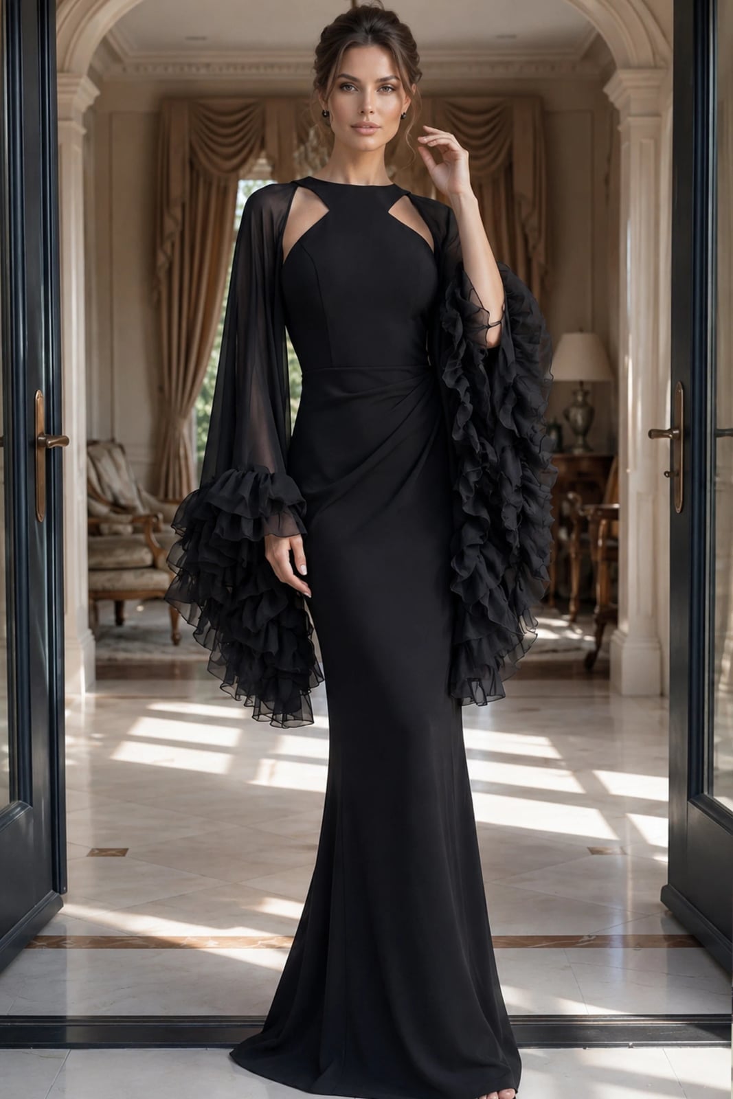 Mermaid Gown with Ruffled Sheer Sleeves and Cut-Out Shoulders — Black Tie Outfits