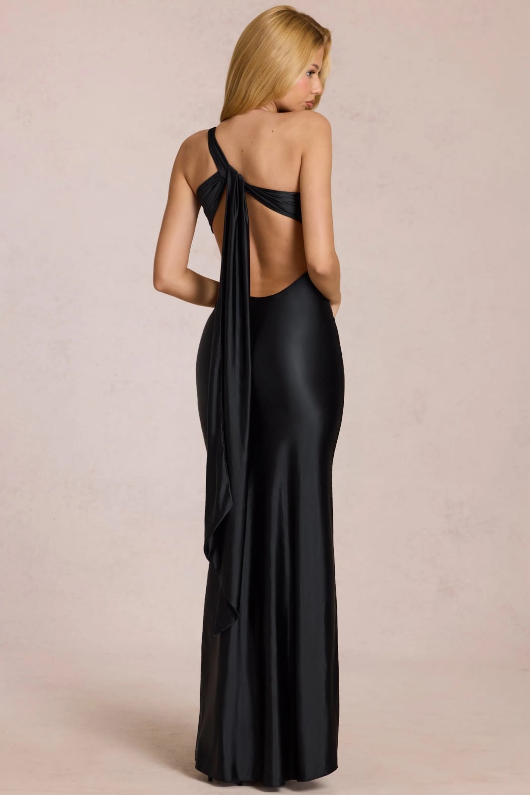 One-Shoulder Gown with Tie-Back Detail — Black Tie Outfits