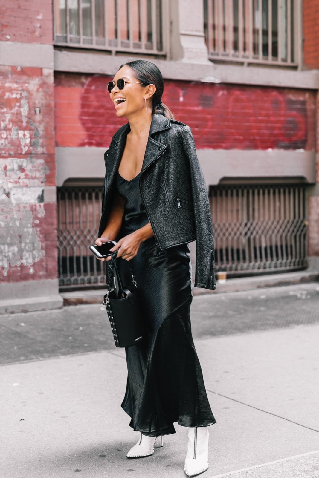 Leather Jacket Over Satin Slip Dress With White Ankle Boots — Black Tie Outfits