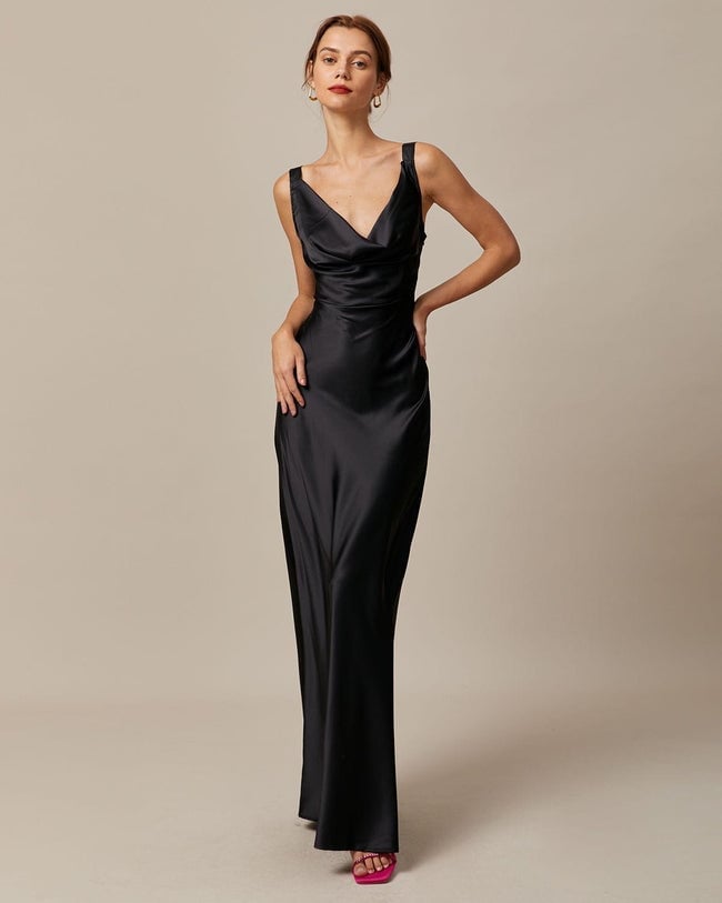 Satin Slip Dress with Bias Cut and Pink Heeled Sandals — Black Tie Outfits