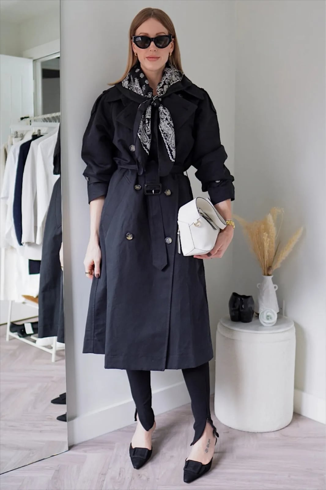 Belted Black Trench Coat with Leggings and Scarf — Black Trench Coat Outfit