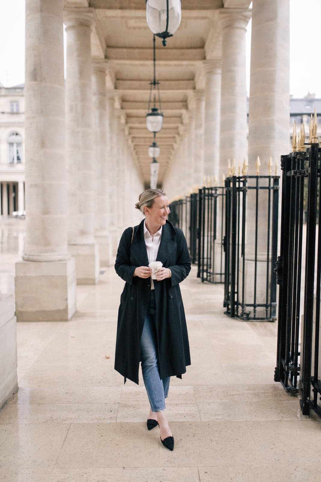Relaxed Fit Black Trench Coat with Button-Down Shirt, Close-Up Take — Black Trench Coat Outfit