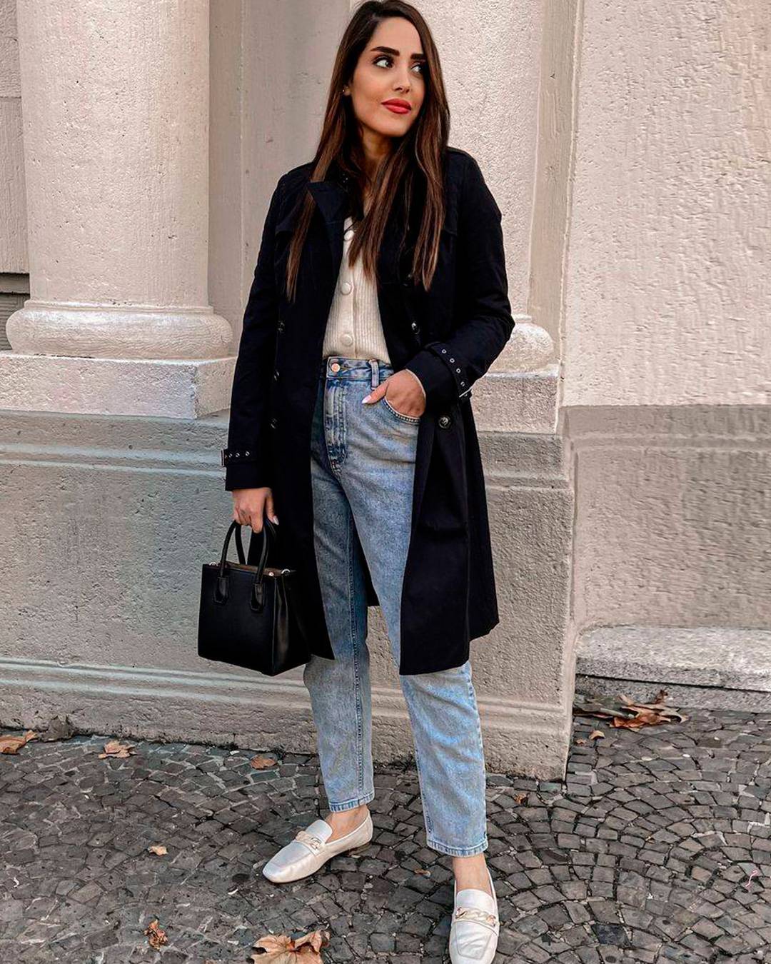 Black Trench Coat with Cream Cardigan and Loafers, Close-Up Take — Black Trench Coat Outfit